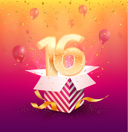 16 th years anniversary vector design element. Isolated sixteen years jubilee with gift box, balloons and confetti on a bright background.