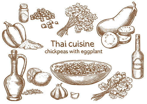 Thai cuisine. Chickpeas with eggplant  ingredients vector sketch.