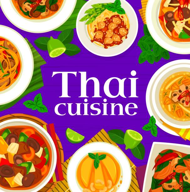 thailändische küche mahlzeiten menü cover design-vorlage - tisch holzteller gedeckt stock-grafiken, -clipart, -cartoons und -symbole