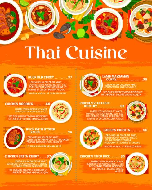 Thai cuisine menu, Thailand food, Asian restaurant Thai cuisine menu with food of Thailand, Asian restaurant dishes, vector. Thai cuisine curry sauce and rice for dinner, noodle plates and lunch meals of traditional gourmet Bangkok kitchen spices of the world stock illustrations