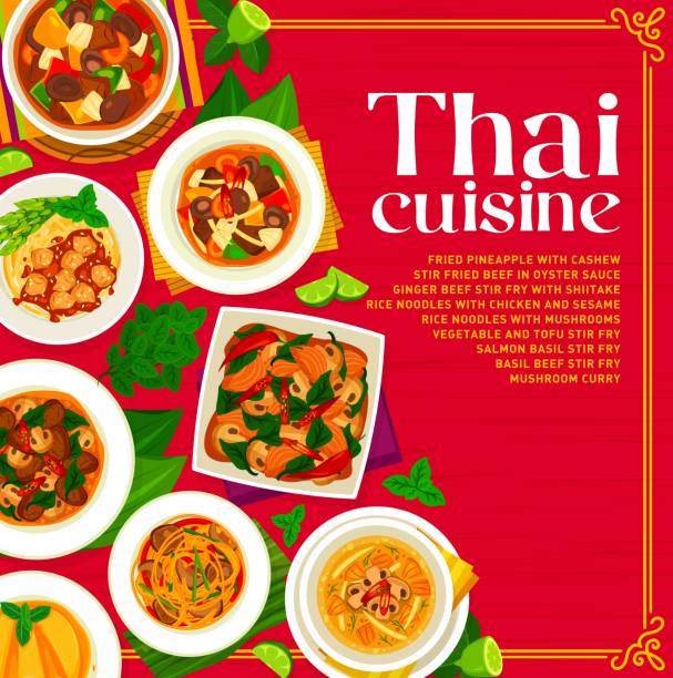 thailändische küche restaurant speisekarte cover vorlage - tisch holzteller gedeckt stock-grafiken, -clipart, -cartoons und -symbole