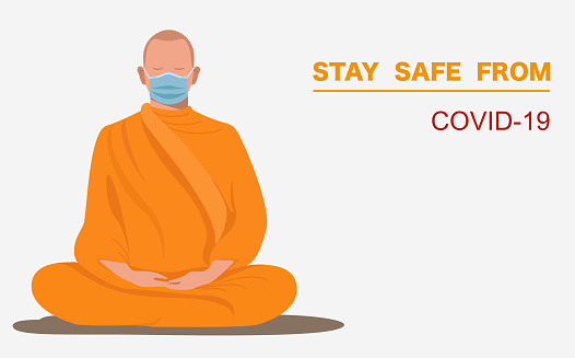 Thai monk wearing surgical face mask meditate calm the mind pray for covid-19 Disappear from this world vector