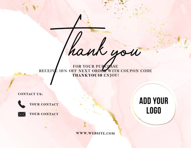 Thank You Card watercolor pink gold, customer service women business card , promotion Voucher , post purchase insert. Elegant greeting  template, printable custom small business card Thank You Card watercolor pink gold, customer service women business card , promotion Voucher , post purchase insert. Elegant greeting  template, printable custom small business card rose gold tender rose gold background stock illustrations