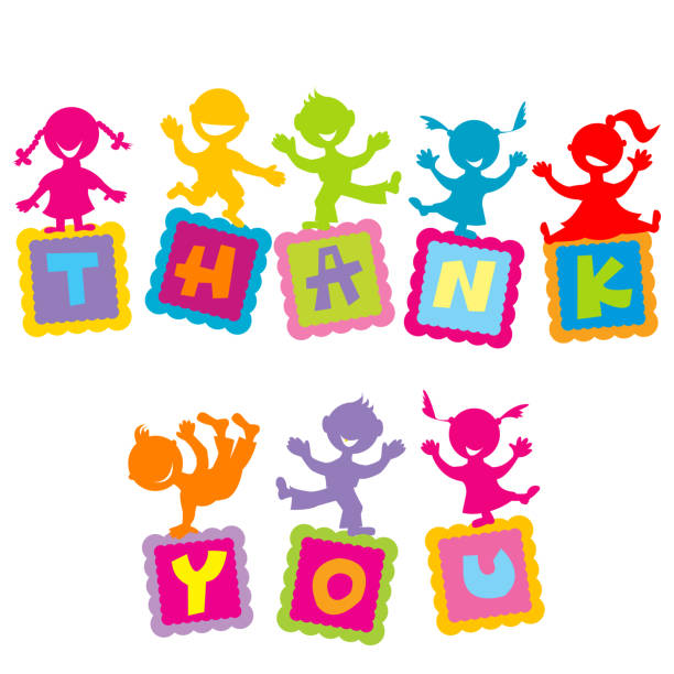 Thank you card with cartoon kids Thank you card with cartoon colored kids thank you kids stock illustrations