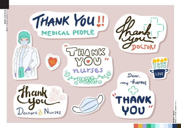 Thank you doctors and nurses sticker set Thank you doctors and nurses sticker set, vector illustration. nurse drawings stock illustrations