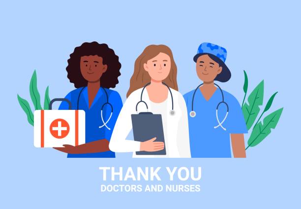 Thank you Doctors and Nurses vector illustration with healthcare workers. Vector illustration in flat style. female doctor stock illustrations