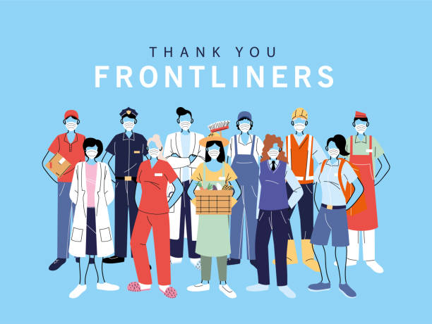 thank you essential workers, various occupations people wearing face masks thank you essential workers, various occupations people wearing face masks vector illustration design covid variant stock illustrations