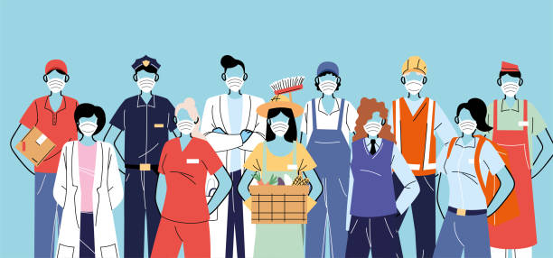 thank you essential workers, various occupations people wearing face masks thank you essential workers, various occupations people wearing face masks vector illustration design frontline worker stock illustrations