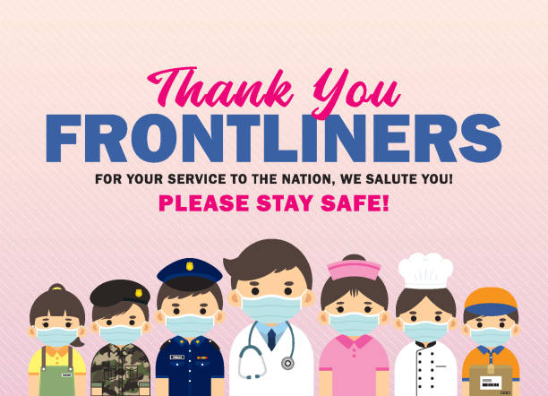 Thank you Frontline worker poster Thank you Frontliners who work for nation during coronavirus (covid-19) outbreak season. Cartoon doctor, nurse, police, military personnel, food servers, couriers & essential retailer flat design. frontline worker stock illustrations