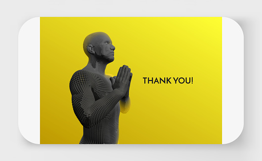 Thank you, gratitude hands gesture. Man greets traditional way with both hands. Prayer to god with faith and hope. Concept for religion, worship, love and spirituality. 3d vector illustration.