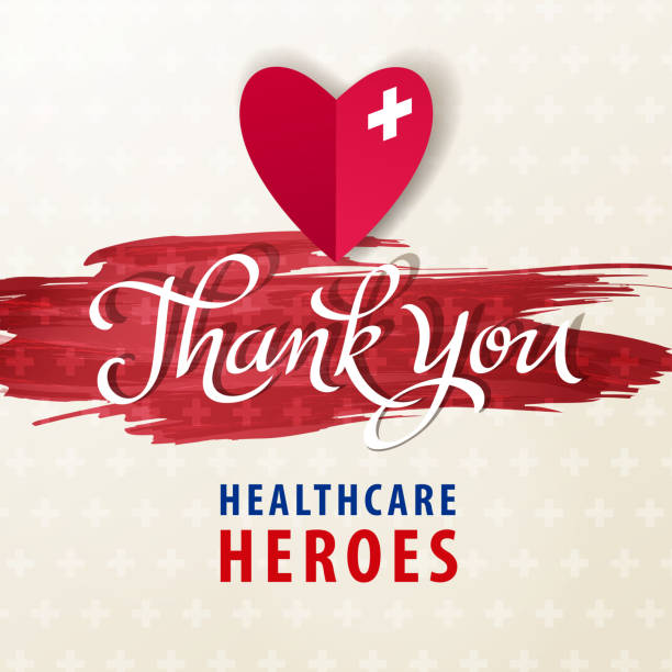 Thank You Healthcare Workers Thanks to all Healthcare workers who battling the pandemic of coronavirus with folded heart paper craft on the red paintbrush frontline worker stock illustrations