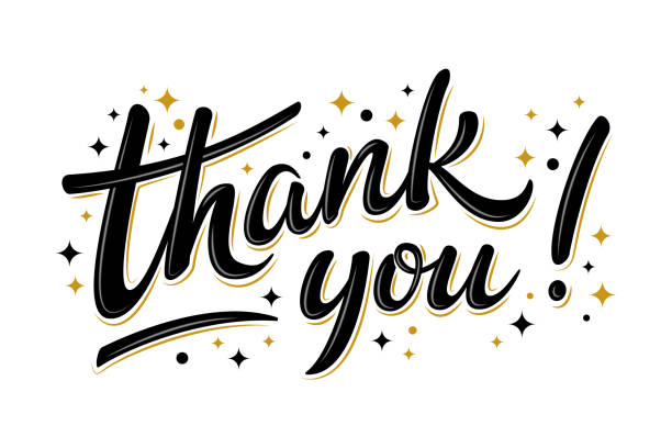 Thank you lettering sign with black/gold stars Handwritten modern brush lettering Thank you on white background. Text for postcard, invitation, T-shirt print design, banner, poster, web, icon. Isolated vector thank you stock illustrations