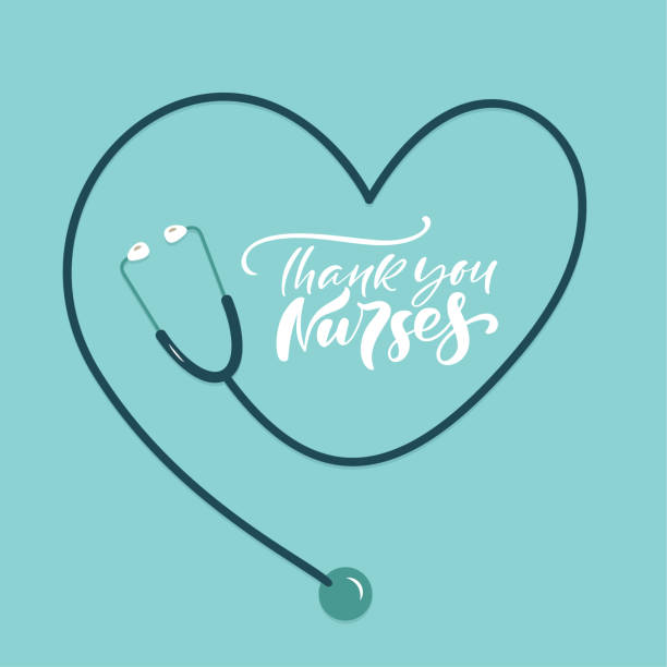 Thank you nurses lettering vector text with Stethoscope. Illustration for International Nurses Day. Holiday medical art for doctors Thank you nurses lettering vector text with phonendoscope. Illustration for International Nurses Day. Holiday medical art for doctors. nurse symbols stock illustrations