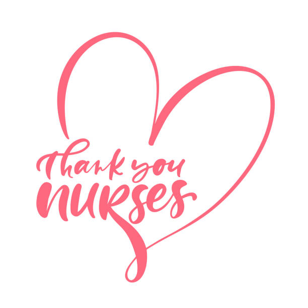 흰색 배경에 빨간 문자 벡터 텍스트와 마음을 간호사 감사합니다. 국제 간호사의 날을 위한 일러스트레이션. 의사를위한 휴일 - 간호사 stock illustrations