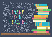 Thank You Teacher. Stack of books with school doodles and lettering on dark background. Vector illustration.