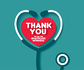 Red heart with text thank you and stethoscope, greeting doctor with medical holiday. Thank You to all the healthcare workers. Thank you doctors and Nurses and medical personnel team for fighting the coronavirus. Vector illustration.