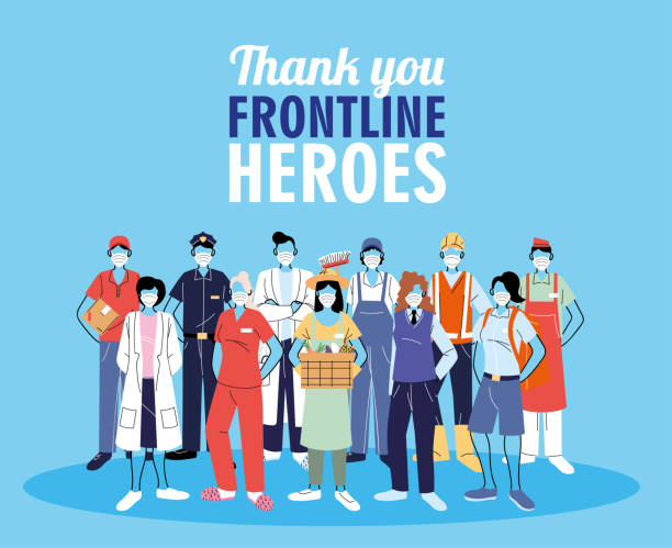 Thanks to the front line workers. Diverse people from different occupations wear protective masks Thanks to the front line workers. Diverse people from different occupations wear protective masks vector illustration design frontline worker stock illustrations