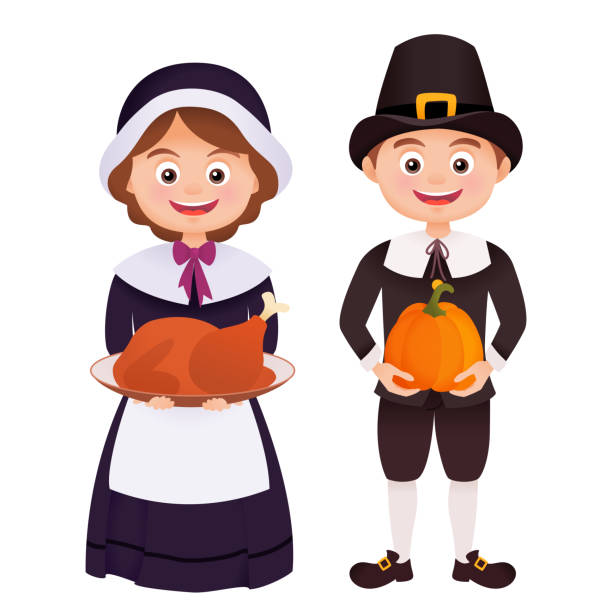 Thanksgiving character in pilgrims costume Thanksgiving character in pilgrims costume holding turkey and pumpkin isolated on white pilgrim stock illustrations