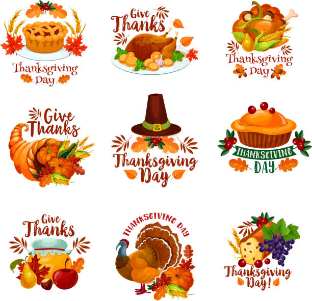 Thanksgiving day autumn holiday vector icons Thanksgiving day icons for seasonal autumn greeting card design. Turkey, fruit pie or maple leaf and oak acorn, mushroom and pumpkin cornucopia harvest, pilgrim hat and wine grape. Vector isolated set thanksgiving food stock illustrations