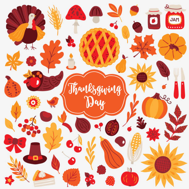 ilustraciones, imágenes clip art, dibujos animados e iconos de stock de elementos de diseño del día de acción de gracias. turquía, seta, bellota, berry, mermelada, calabaza - thanksgiving food