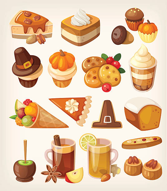 Thanksgiving day desserts Set of colorful tasty Thanksgiving day desserts, sweets, candies and treats. turkey cupcakes stock illustrations