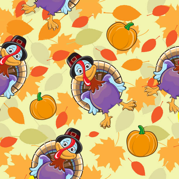 ilustraciones, imágenes clip art, dibujos animados e iconos de stock de día de acción de gracias. divertido patrón de pavo, calabaza y hojas sin costuras sobre un fondo naranja - thanksgiving diner