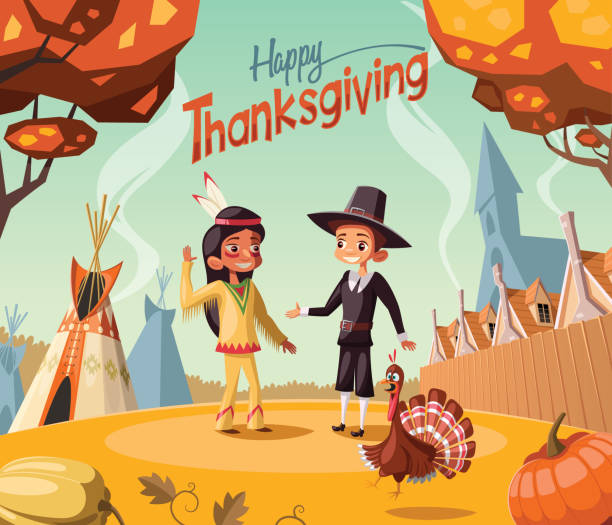 Thanksgiving day scene,Pilgtrim  and Indian salute each other Thanksgiving day scene,Pilgtrim  and Indian salute each other pilgrim stock illustrations