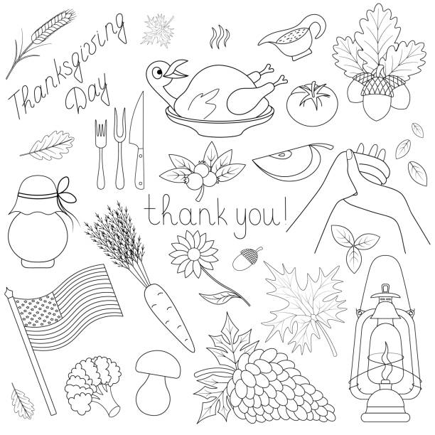 Thanksgiving Day. Sketch. Set of vector illustrations. Outline on an isolated white background. Coloring book for children. Lettering. Collection of festive elements. Doodle style. Leaves, turkey, harvest, vegetables, USA flag, lantern, hands in prayer. Thanksgiving Day. Sketch. Set of vector illustrations. Outline on an isolated white background. Coloring book for children. Lettering. Collection of festive elements. Doodle style. Leaves, turkey, harvest, vegetables, USA flag, lantern, hands in prayer. Idea for web design. thanksgiving diner stock illustrations