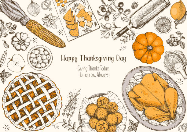 Thanksgiving day top view vector illustration. Food hand drawn sketch. Festive dinner with turkey and potato, apple pie, vegetables, fruits and berries, cheese. Autumn food sketch. Engraved image.  thanksgiving food stock illustrations