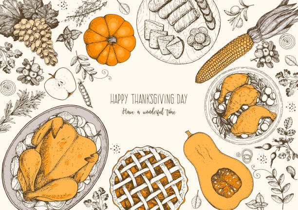 bildbanksillustrationer, clip art samt tecknat material och ikoner med thanksgiving day ovanifrån vektorillustration. mat hand ritad skiss. festmiddag med turkiet och potatis, äppelpaj, grönsaker, frukter och bär. höstens mat skiss. graverad bild. - höstmat