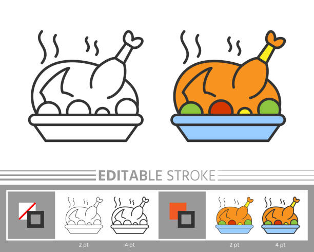 Thanksgiving day turkey linear icon Turkey linear icon. Line without and with color fill. Editable stroke, fill, background. Simple outline sign. Web, print, logo, kids or adult antistress coloring page, book design Vector illustration thanksgiving diner stock illustrations