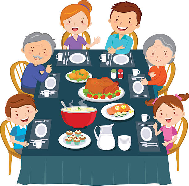 ilustraciones, imágenes clip art, dibujos animados e iconos de stock de celebrar el día de acción de gracias. familia la cena - family dinner