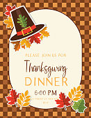Thanksgiving Dinner invites on plaid background with holiday icons.