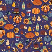istock Thanksgiving dinner seamless vector pattern with pumpkins, hats, sunflowers, turkey, hedgehog, wine bottle, and leaves. Autumn repeating background for holiday party invitation card, fabric, packaging 1181841437