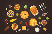 thanksgiving dish menu top view table with roasted turkey vector cartoon. Pumpkin with barry pie and meat. Vector cartoon illustration.