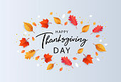 Thanksgiving greeting banner, card or poster design in modern style with lettering, maple, oak and other autumn leaves on light background. Autumn background for advertising, social and fashion ads.