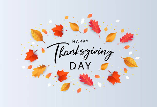 Thanksgiving greeting banner, card or poster design in modern style with lettering, maple, oak and other autumn leaves on light background. Thanksgiving greeting banner, card or poster design in modern style with lettering, maple, oak and other autumn leaves on light background. Autumn background for advertising, social and fashion ads. thanksgiving stock illustrations