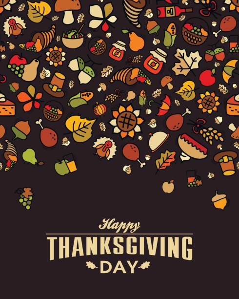 ilustraciones, imágenes clip art, dibujos animados e iconos de stock de tarjeta de felicitación del día de acción de gracias - thanksgiving food