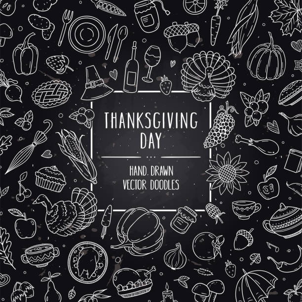 Thanksgiving hand drawn outline sketch illustration in chalkboard style Vector hand drawn banner with Thanksgiving symbols and objects. Holiday outline sketch illustration in chalkboard style. Design for shop, book, menu, poster, banner. thanksgiving food stock illustrations