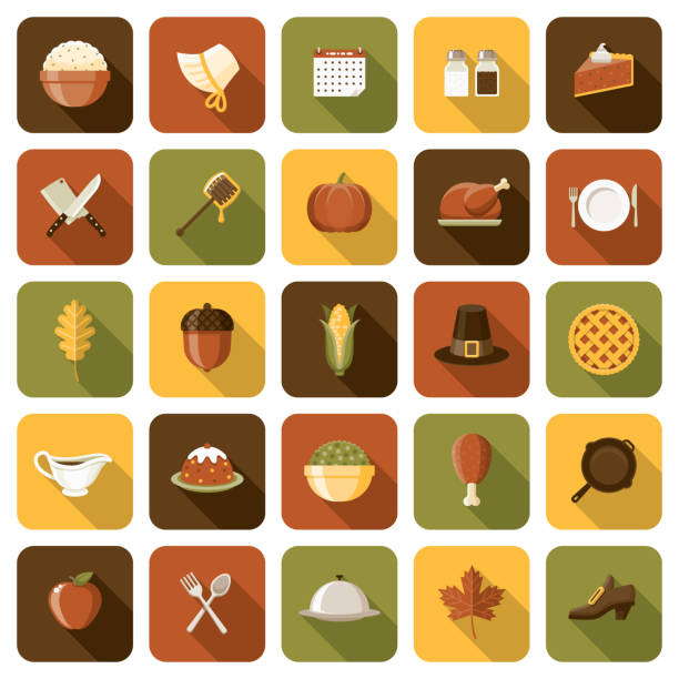 ilustraciones, imágenes clip art, dibujos animados e iconos de stock de conjunto de iconos de acción de gracias - thanksgiving food
