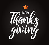 Thanksgiving lettering card on black background with leaf. Vector illustration. EPS10