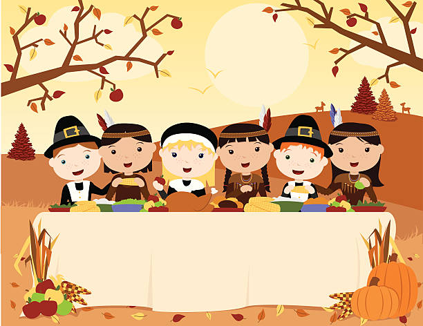 Thanksgiving Meal Scene A vector illustration of Native Americans and Pilgrims sharing a thanksgiving meal. Objects are grouped and layered for easy editing. Files included: AICS5, EPS8 and Large High Res JPG. pilgrim stock illustrations
