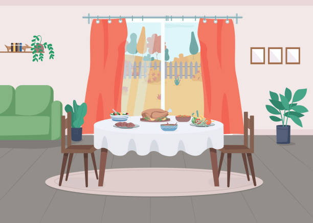 bildbanksillustrationer, clip art samt tecknat material och ikoner med tacksägelse servering platt färg vektor illustration - dining room