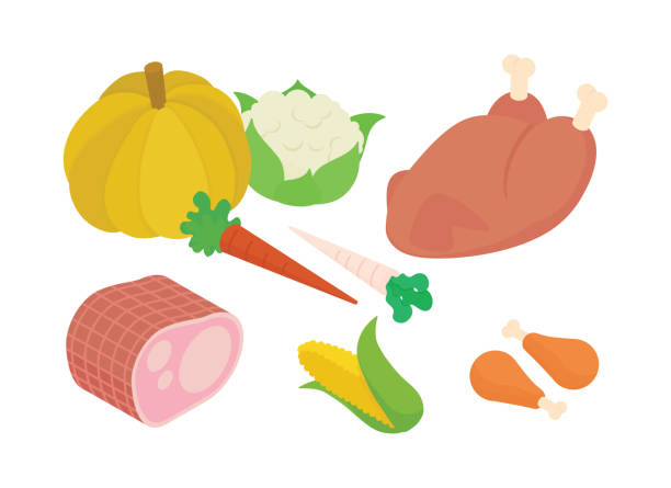 Thanksgiving set isometric vector illustration Meal preparation, grocery shopping, Thanksgiving set. Isometric vector illustration in flat design. corn beef and cabbage stock illustrations