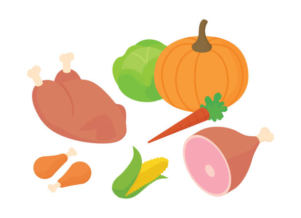 Thanksgiving set isometric vector illustration Meal preparation, grocery shopping, Thanksgiving set. Isometric vector illustration in flat design. corn beef and cabbage stock illustrations