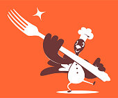 Unique Characters Vector Art Illustration.
Thanksgiving turkey chef holding a big fork.