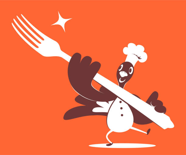 thanksgiving truthahn koch hält eine große gabel - asiatischer koch stock-grafiken, -clipart, -cartoons und -symbole