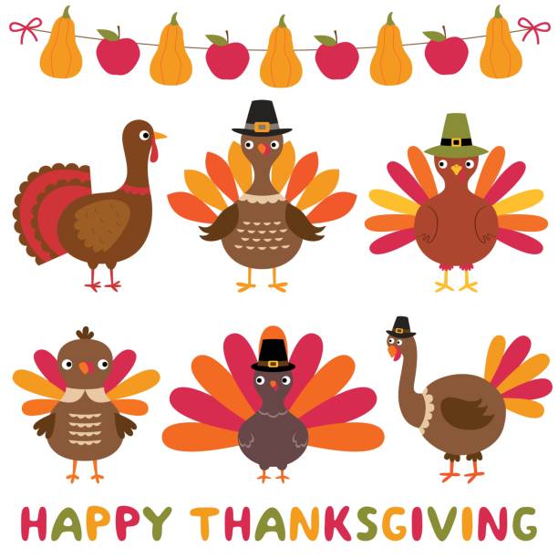 ilustraciones, imágenes clip art, dibujos animados e iconos de stock de pavos y decoración de acción de gracias, conjunto de elementos de diseño aislados - thanksgiving turkey