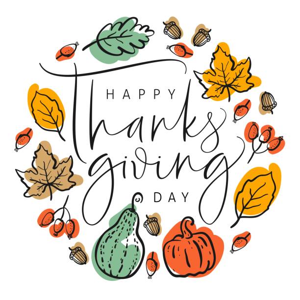 Thanksgiving typography poster. Hand drawn lettering with pumpkins, leaves, acorns and berries. For invitations, special offer, flyers, banners and more.  thanksgiving food stock illustrations