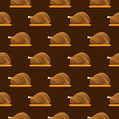 Vector seamless pattern of a thanksgiving turkey on a plate on a dark brown background.